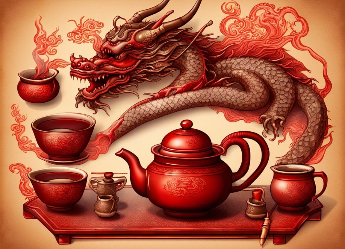 Dragon Logo Stamp with Tea Set, Ancient Chinese Style