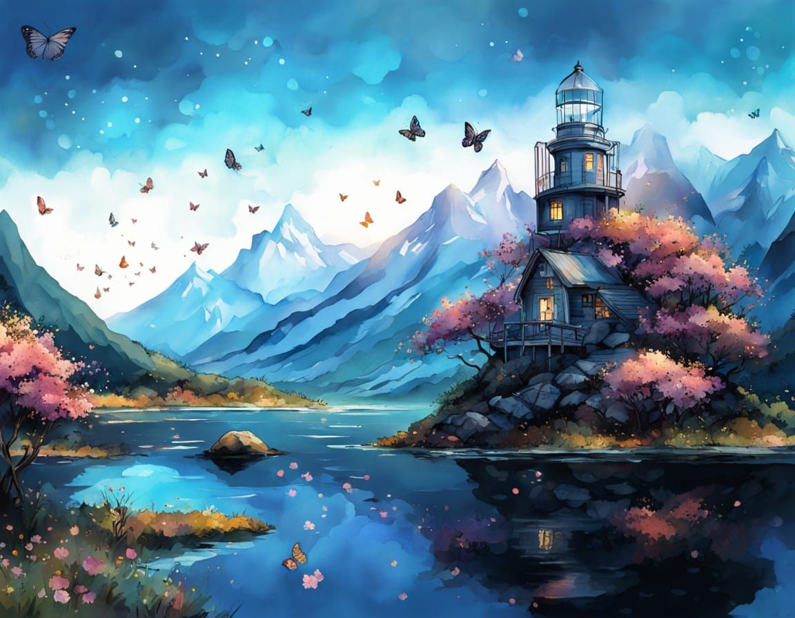 Fantasy Lighthouse in Flower Meadow at Golden Hour