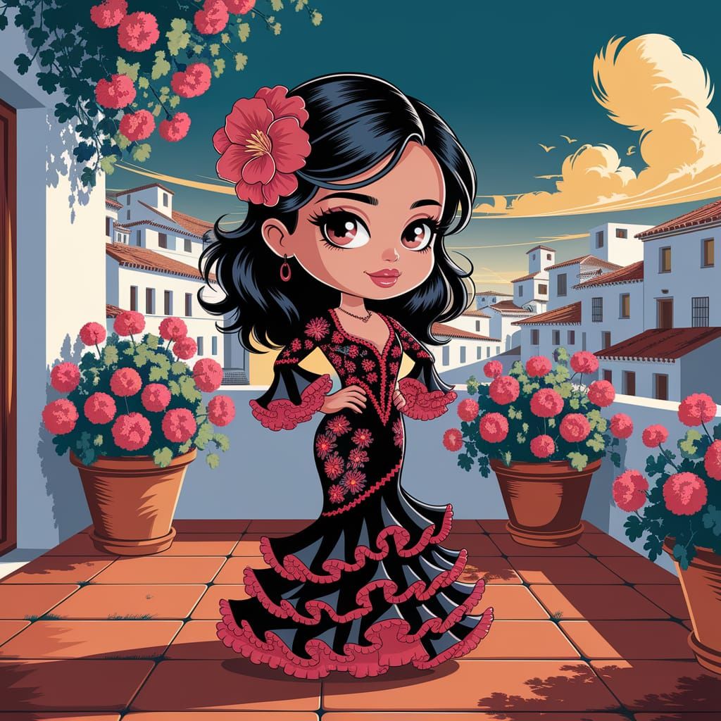 Chibi Spanish Girl in Flamenco Dress Illustration