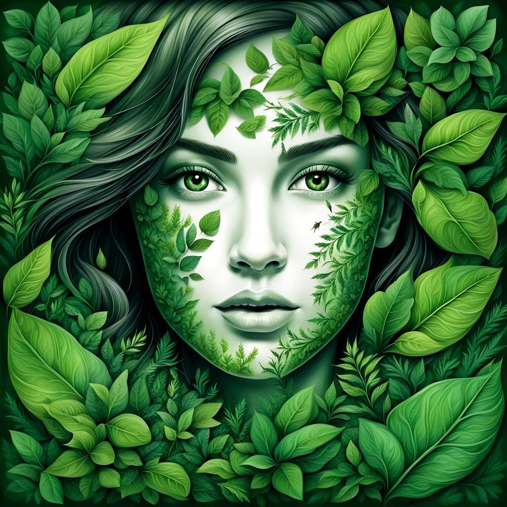 Nature Woman: Detailed Face of Green Plants