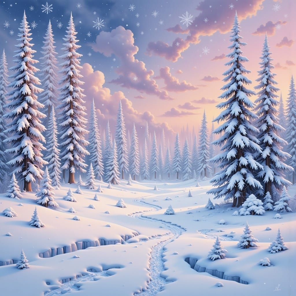 Surreal Winter Wonderland in Detailed Oil-Painted Airbrush S...