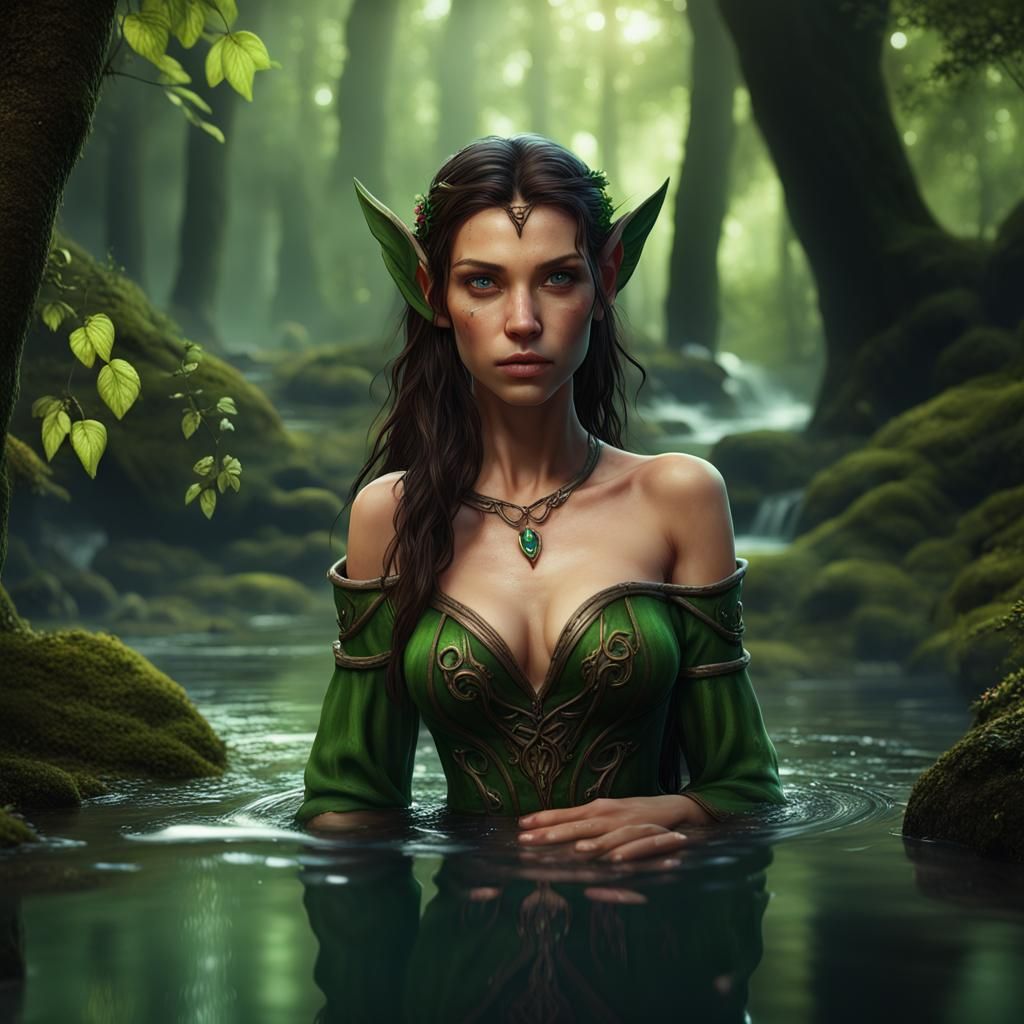 Female Elf Bathes in Forest Stream: Fantasy Art