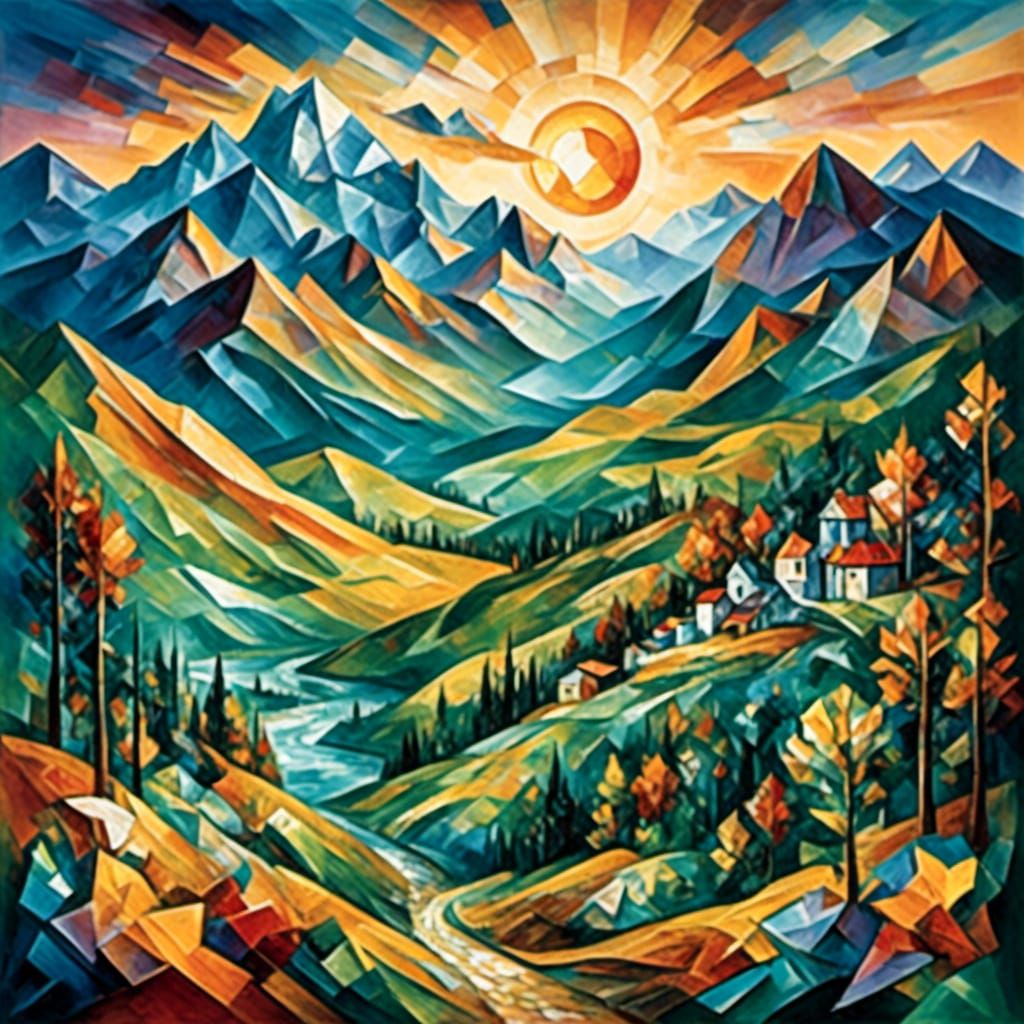 Cubist Sunrise Over Mountain Range