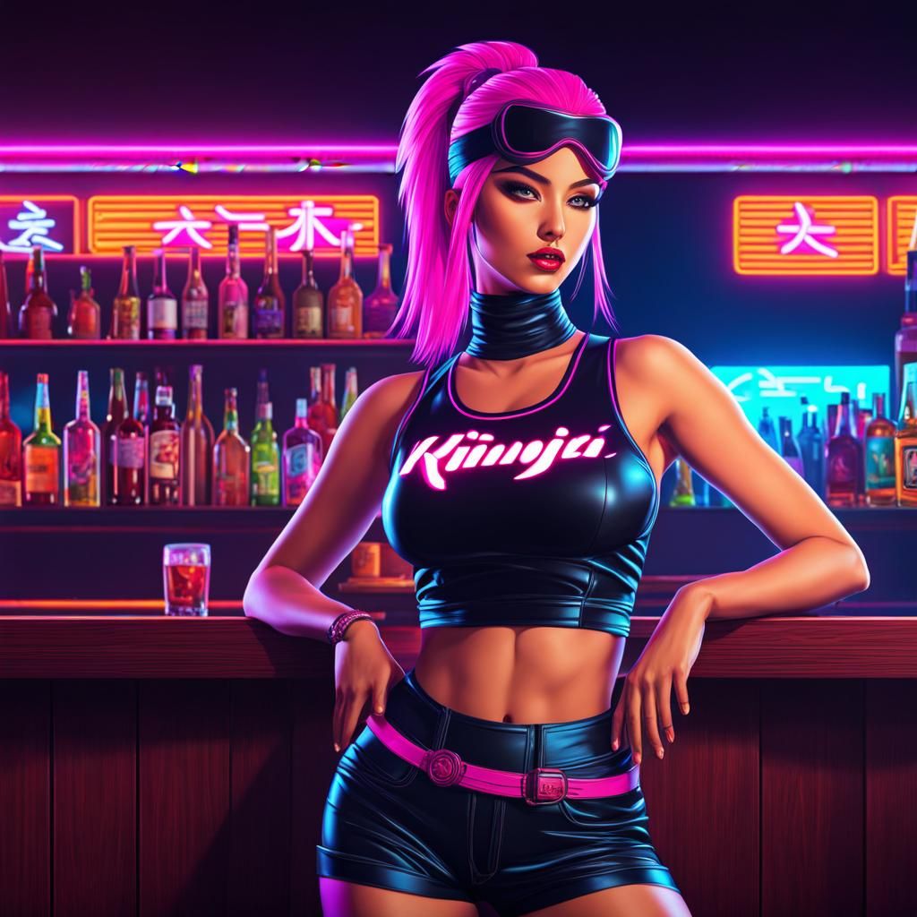 Ninja Kunoichi in Synthwave Neon Retro Bar