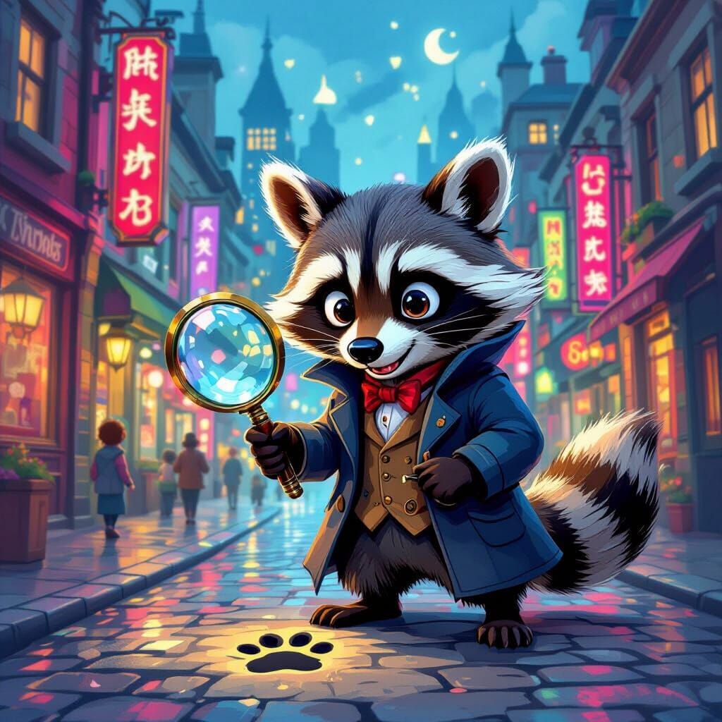 Cartoon Raccoon Detective in Vibrant City Scene