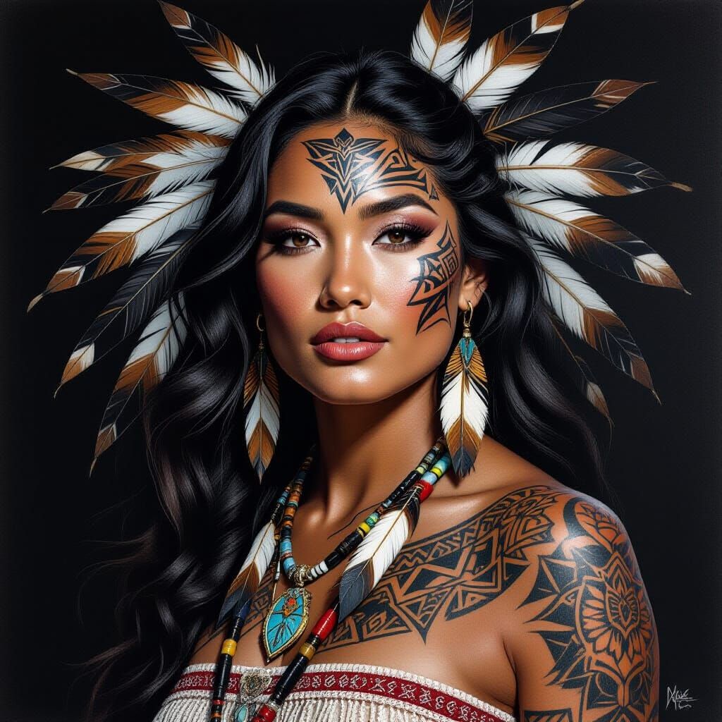 Tattooed Maori Woman Portrait in Charcoal Style