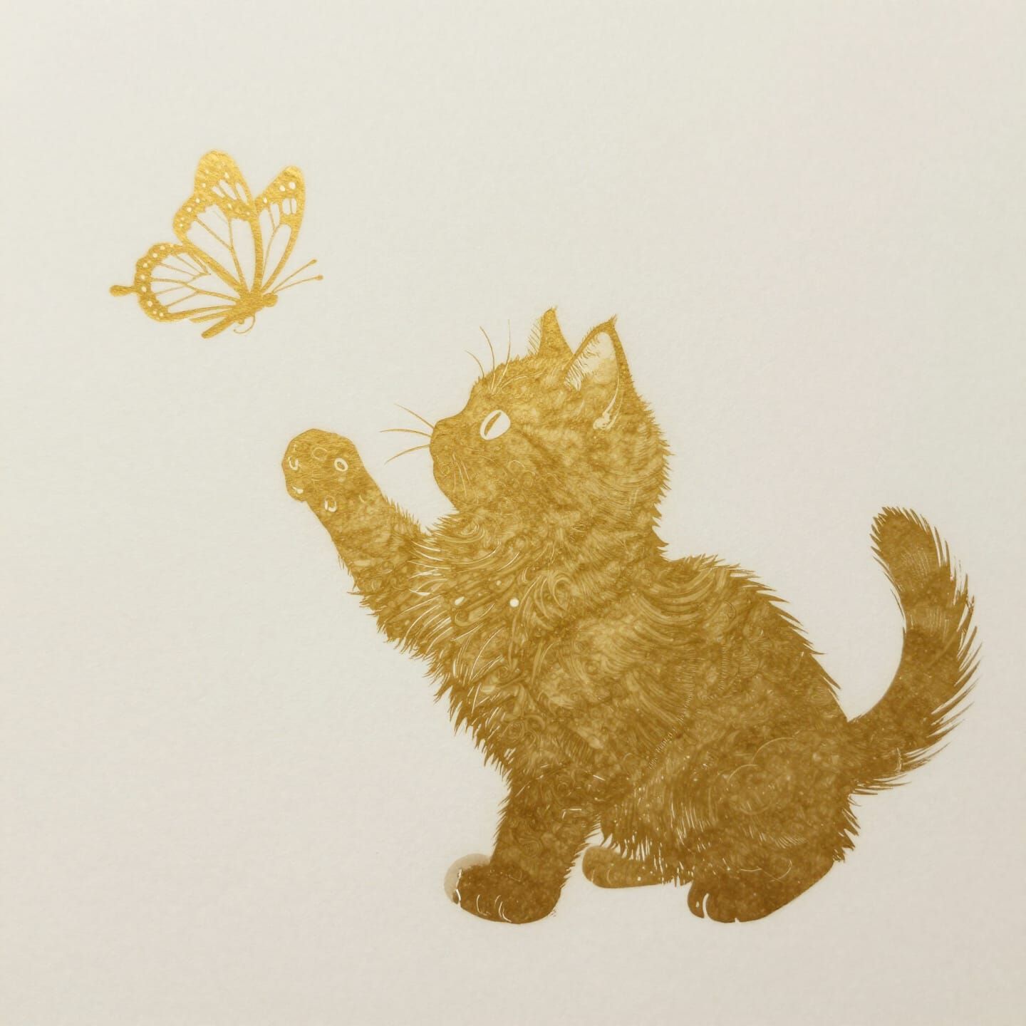 Cute Kitten Chasing Butterfly in Gold Ink Block Style