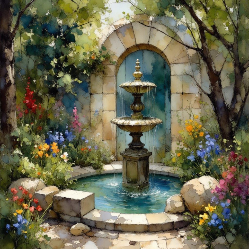 Intricate Marble Fountain in Secluded Garden