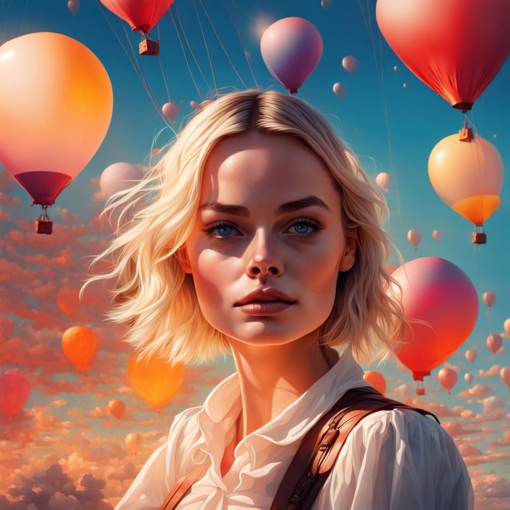 Margot Robbie Portrait with Balloons in Academic Art Style