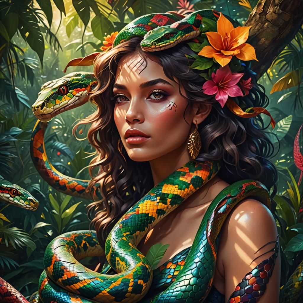 Lady with Snake in Lush Jungle: Digital Art