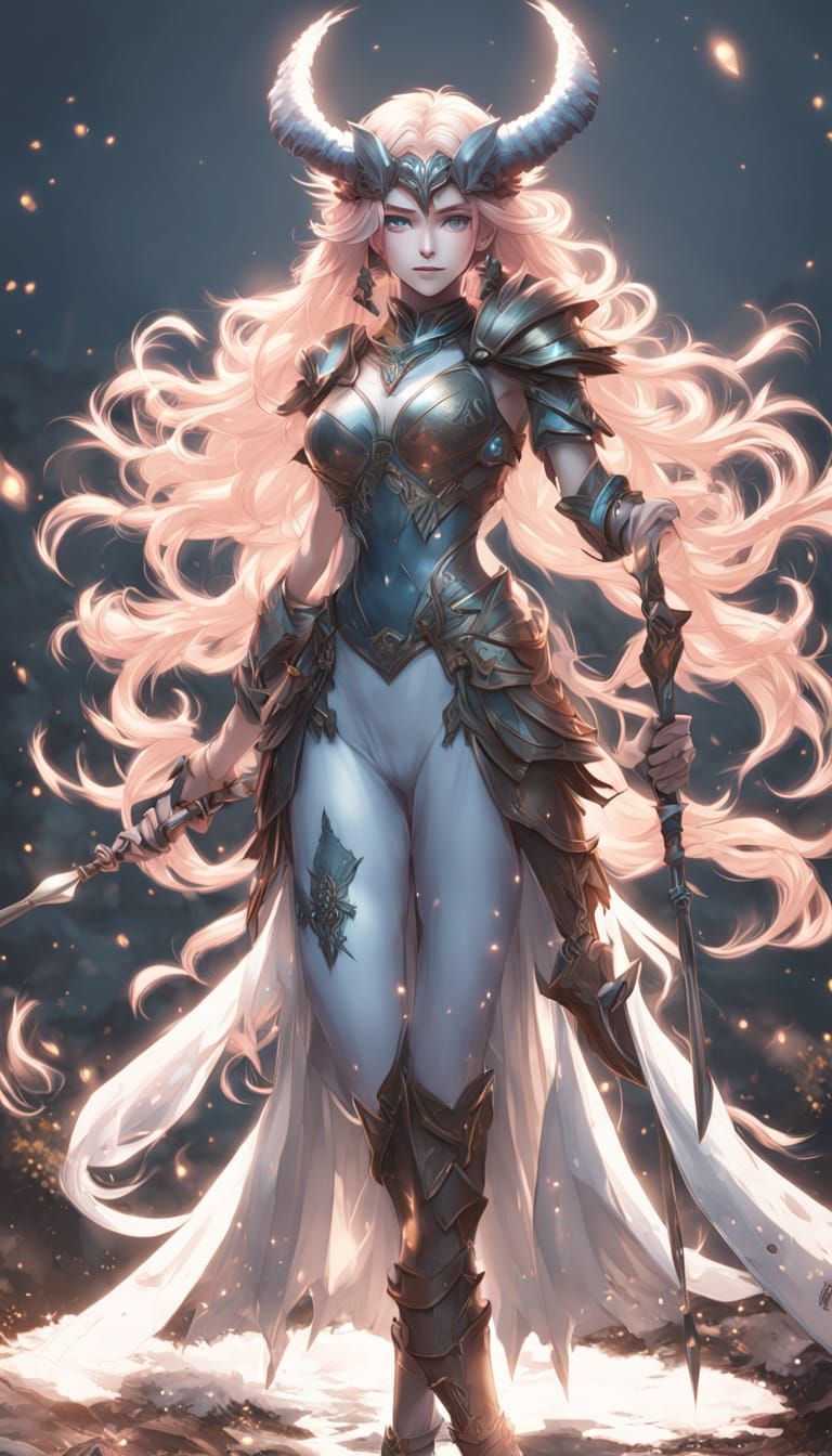 Cyberpunk Warrior Goddess with Rose-Hued Hair and Golden Arm...