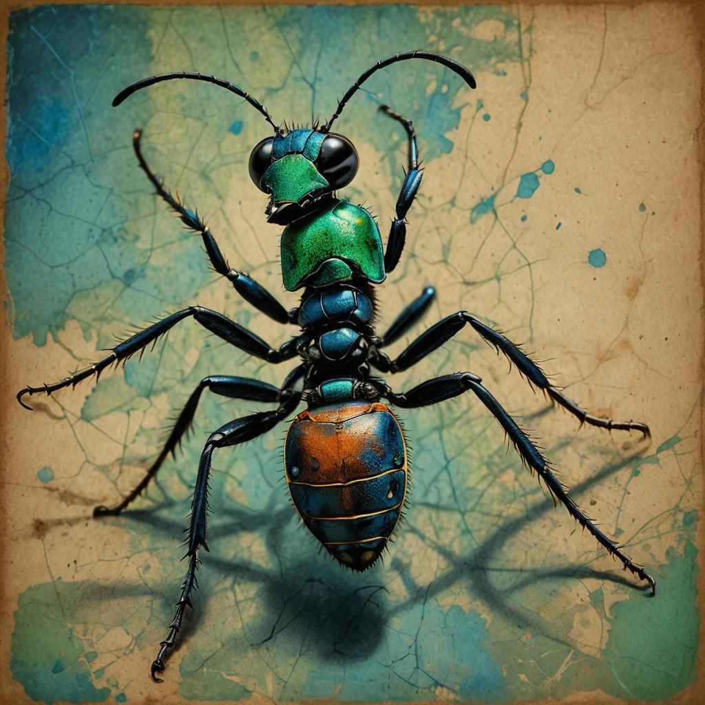 Detailed Charcoal Drawing of Ant with Vibrant Colors