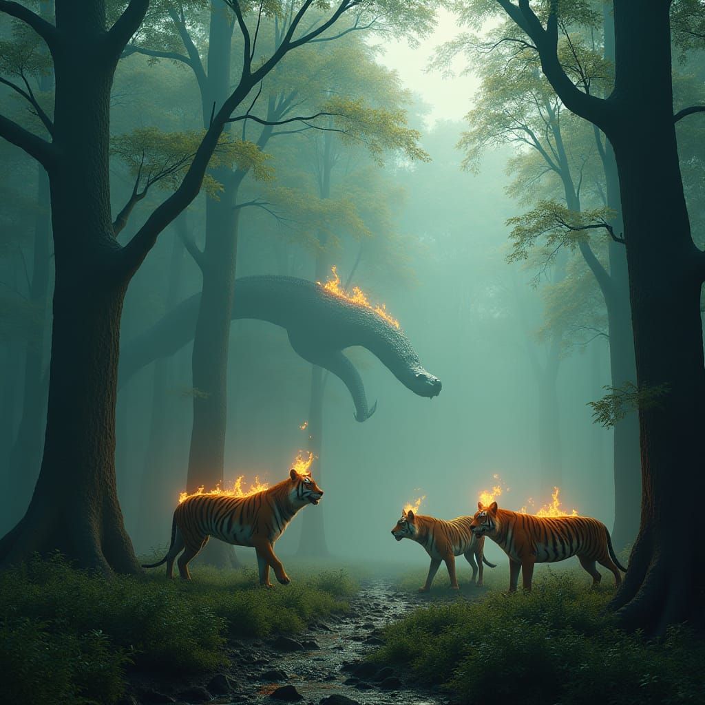 Serpent in Fiery Forest with Wolves and Tigers