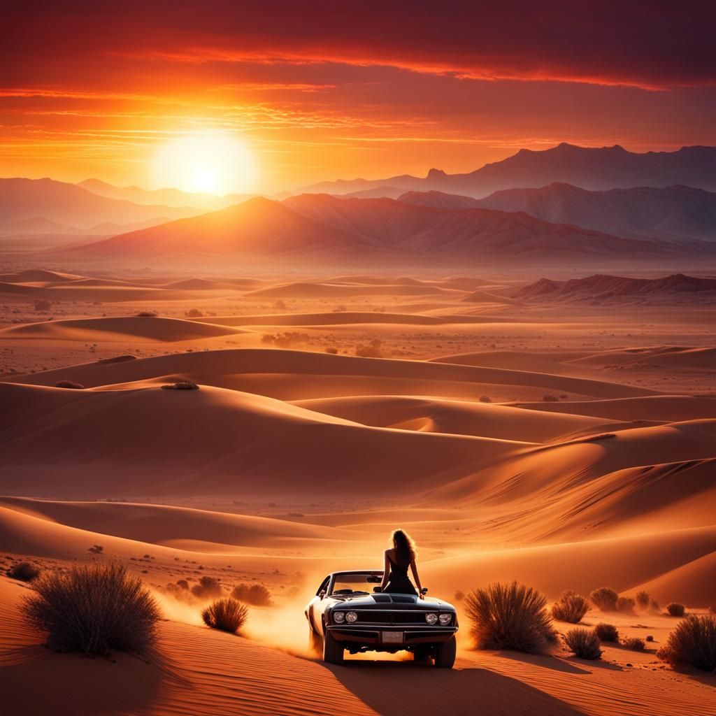 A mad Max inspired Desert sunrise with the cars and everything driving across the desert as seen from over the shoulder ...