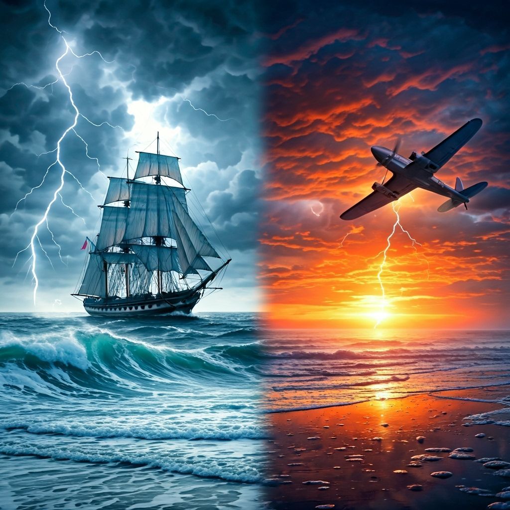 18th Century Ship vs Airplane in Stormy Sunset