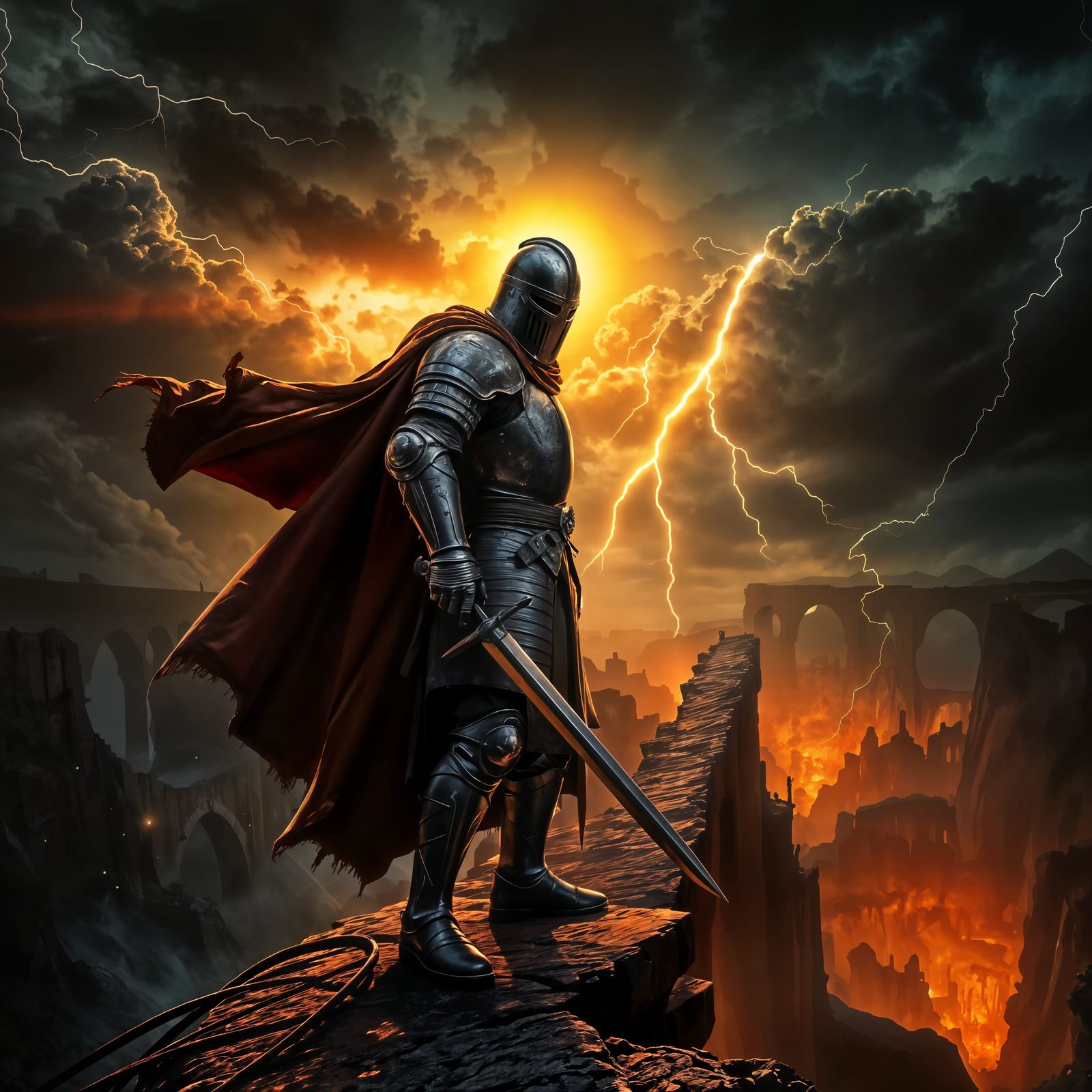 Ethereal Knight Stands Vigilant Amidst Stormy Ruins