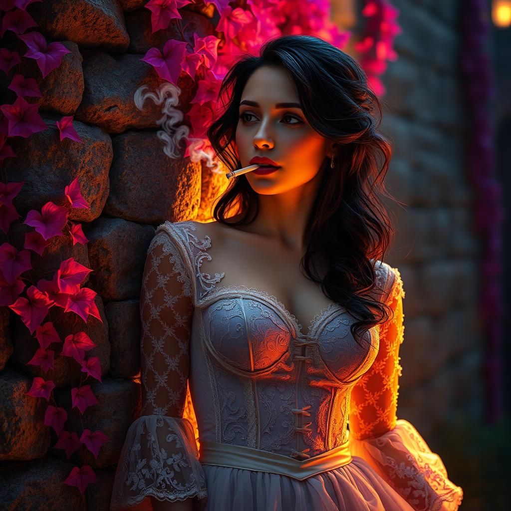 Bride in Tattered Gown Amid Pink Ivy