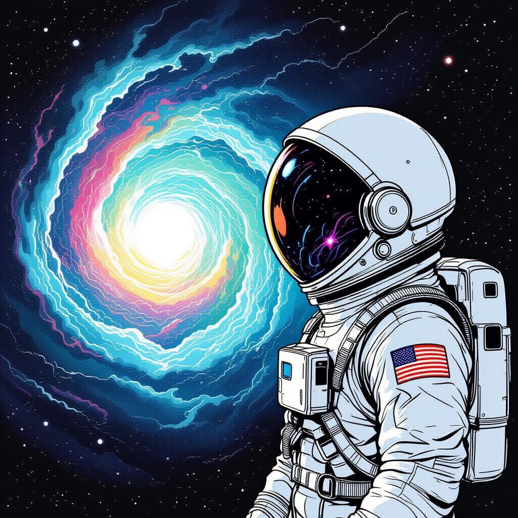 Astronaut Gazes into Cosmic Anomaly in Line Art