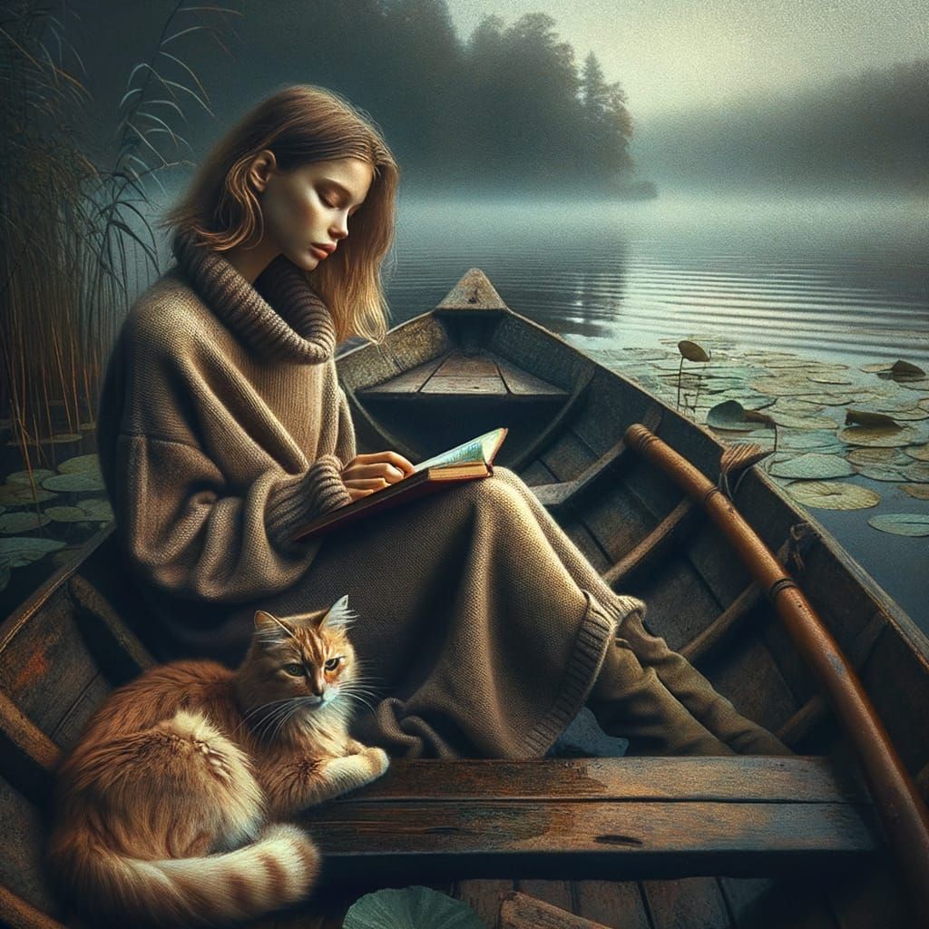 Young Woman Reading in Boat with Cat on Misty Morning