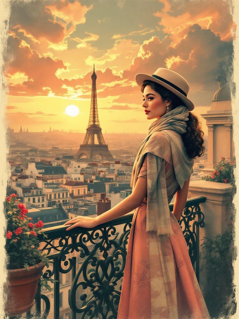 Parisian Rooftop Sunset in Vintage Poster Style