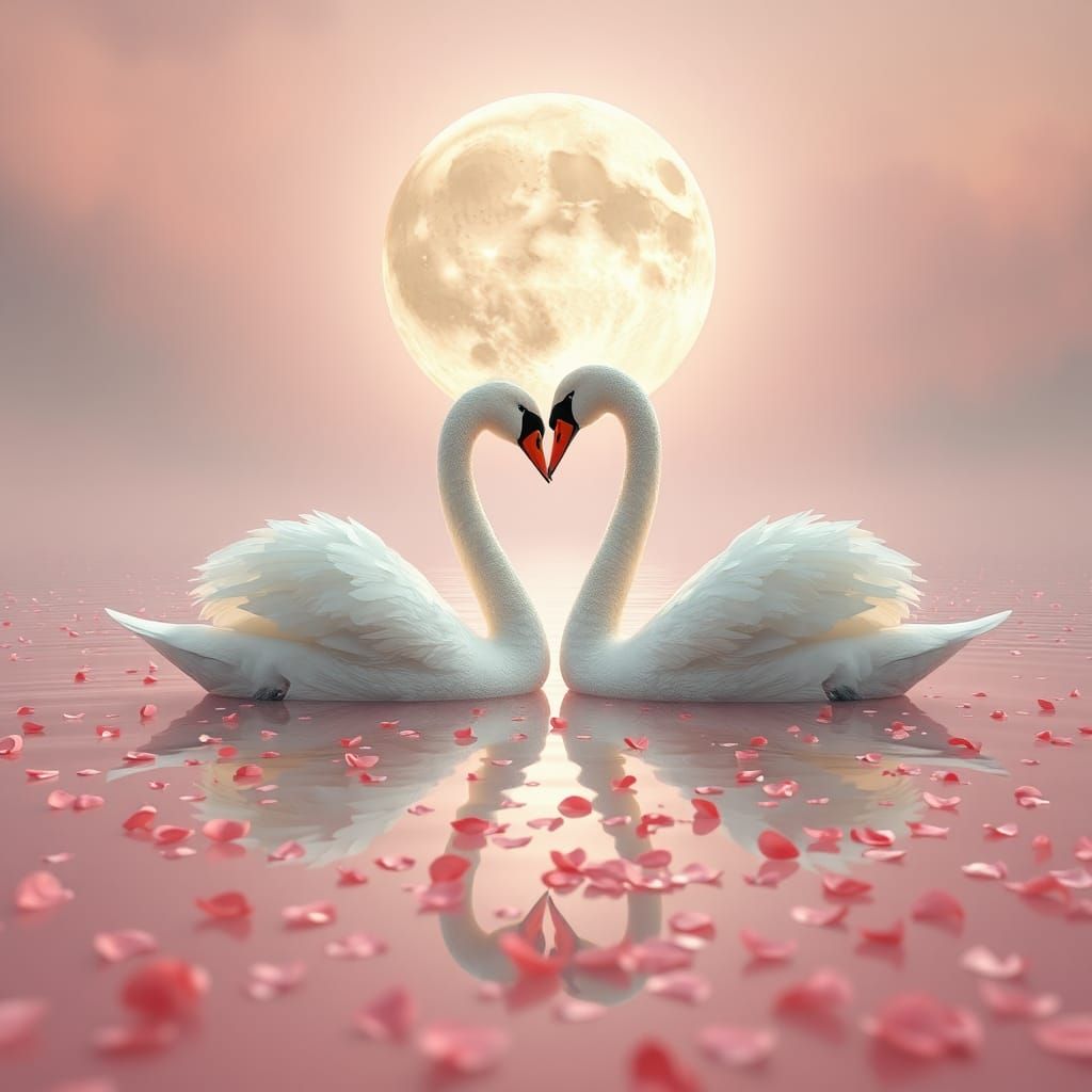 Swan Love in Dreamlike Fantasy Landscape