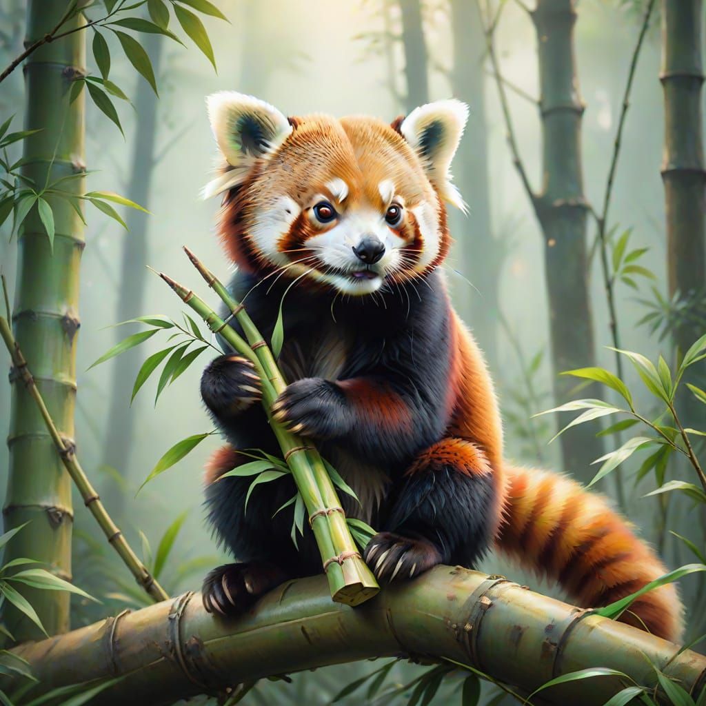 Whimsical Red Panda in Misty Forest