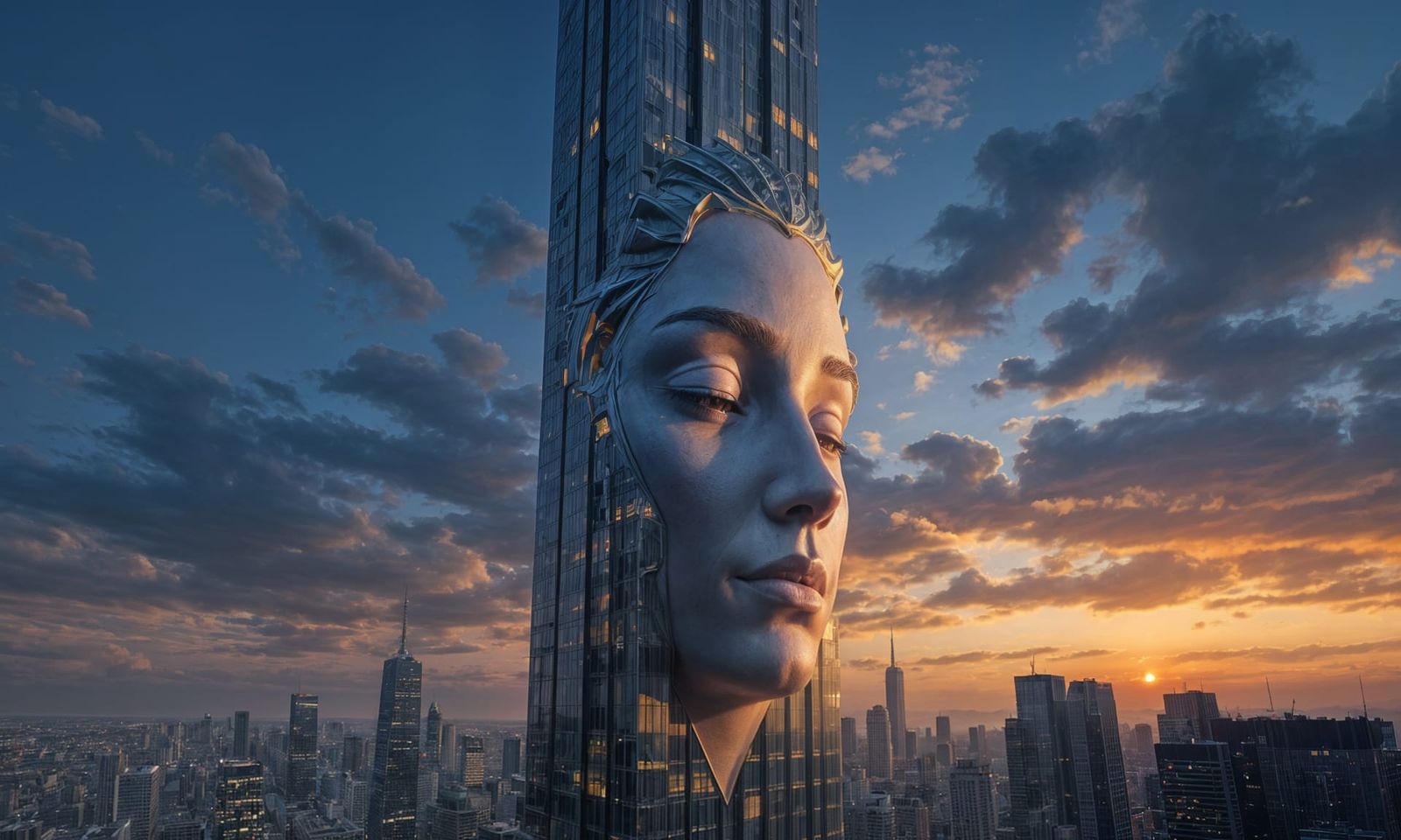 Giant Face Skyscraper Dominates City Skyline