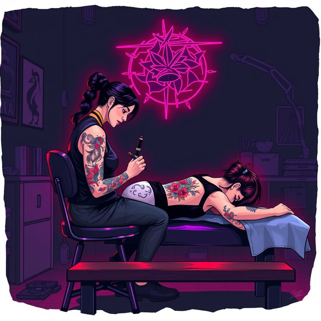 Vibrant Tattoo Studio Scene in Neon Colors