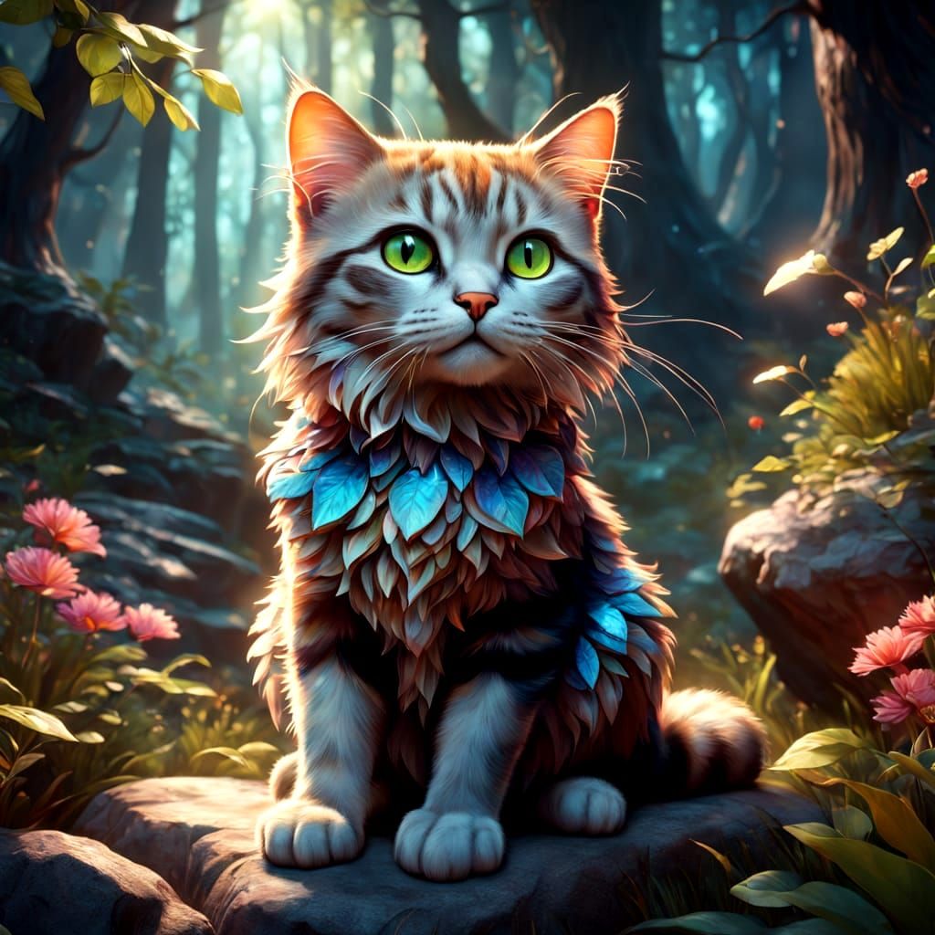 Elegant Cat in Whimsical Forest Landscape