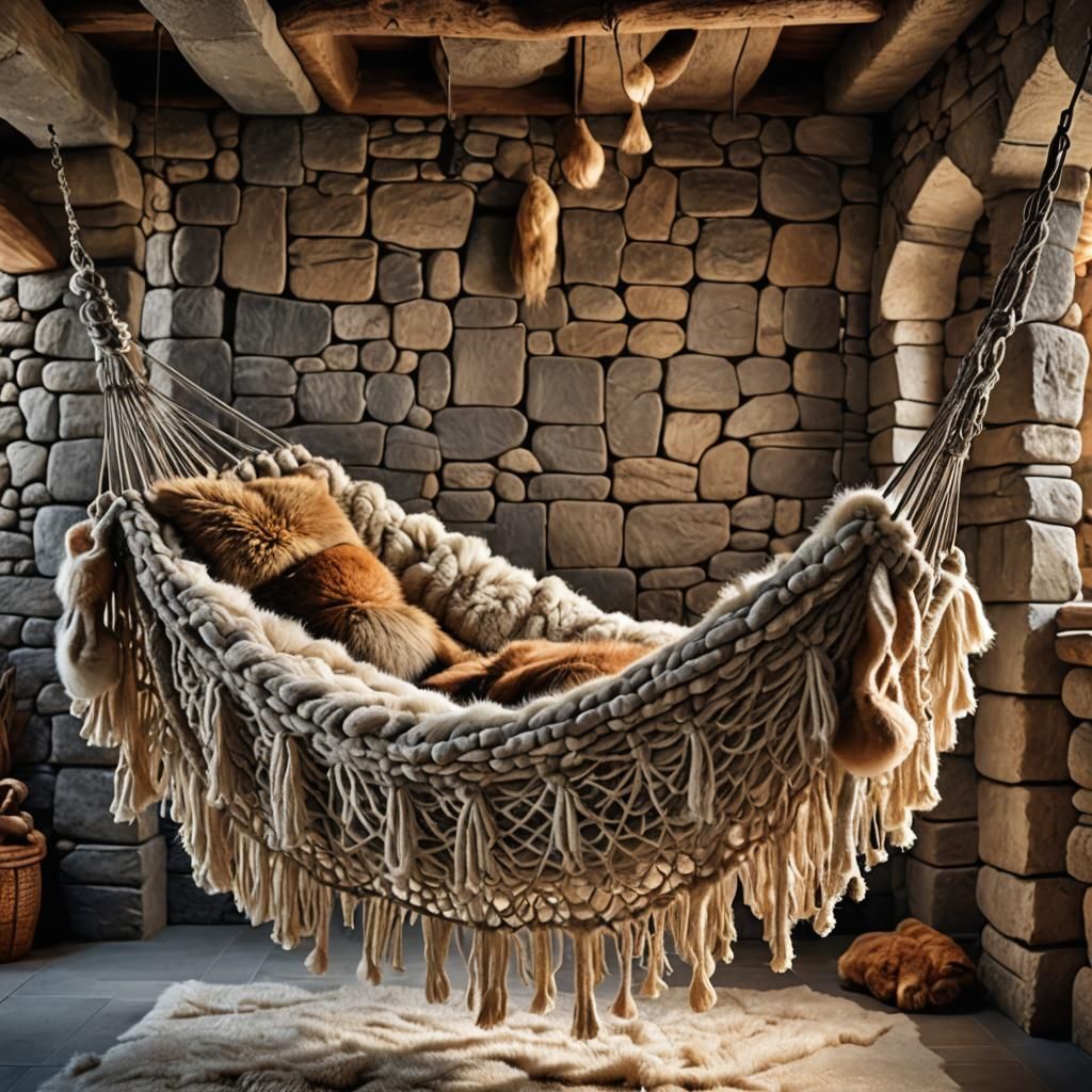 Hyperrealistic Wool Hammock Bed in Stone Room