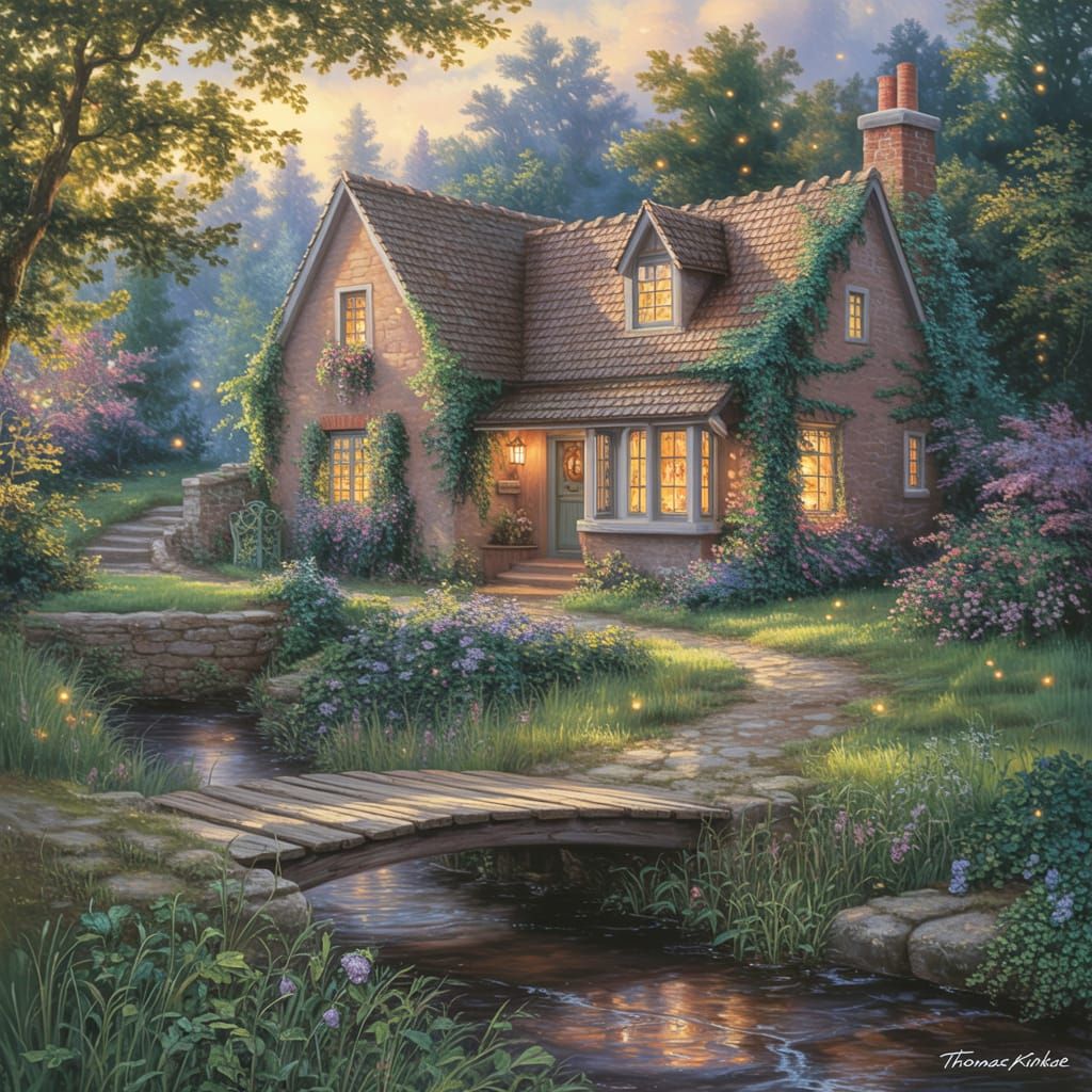 Idyllic Cottage Painting in Kinkade Style
