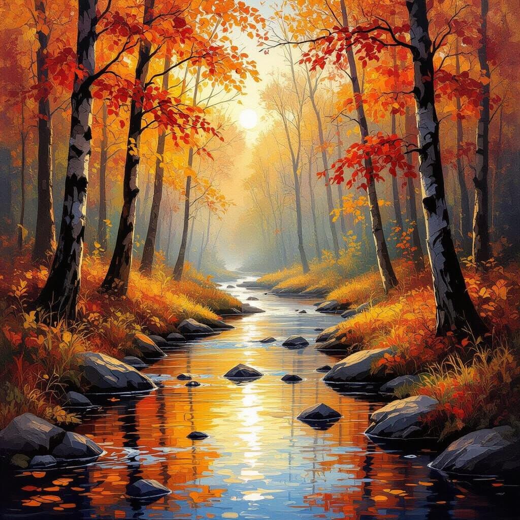 Vibrant Autumn Forest Stream in Impasto Style