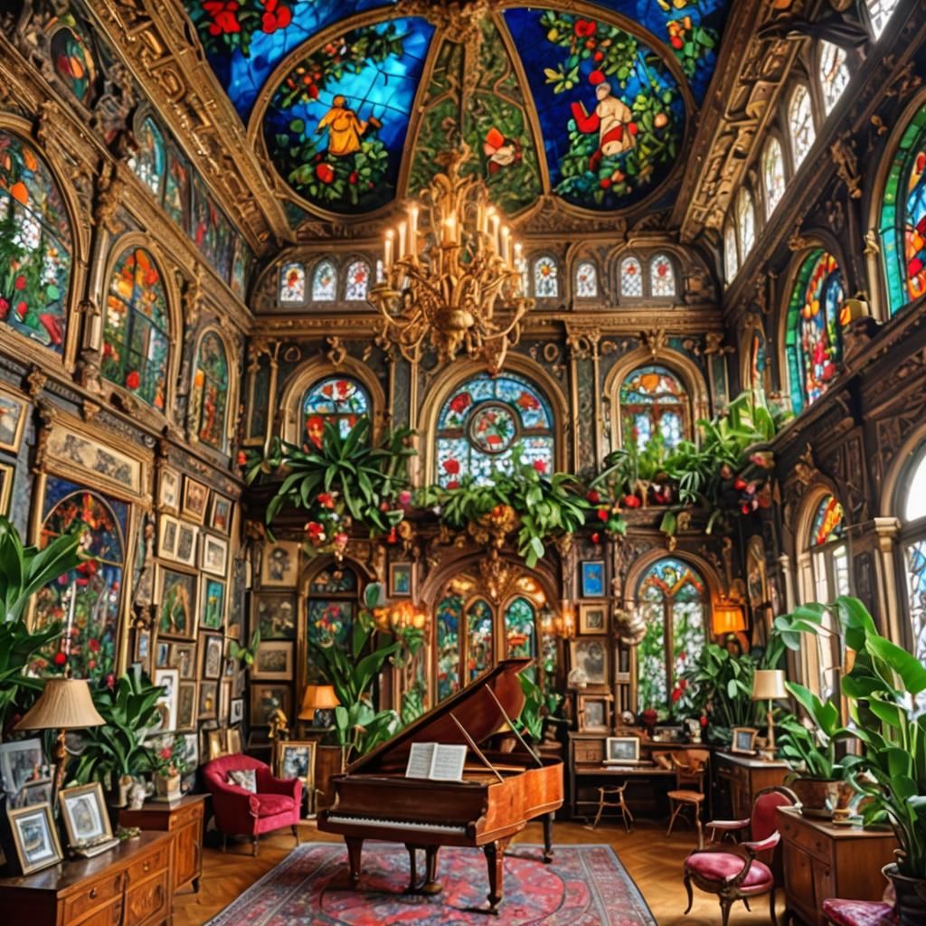 Maximalist Ornate Room with Plants and Piano