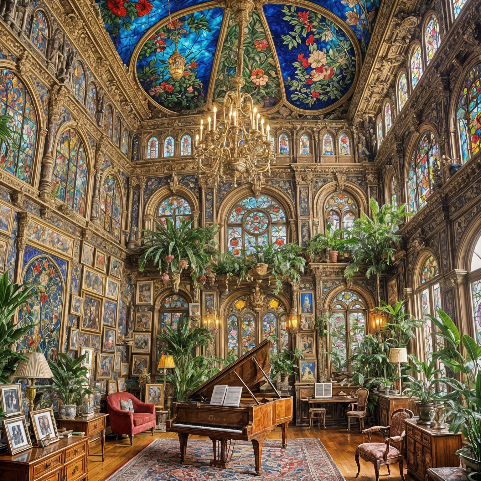 Ornate Maximalist Room with Piano and Stained Glass
