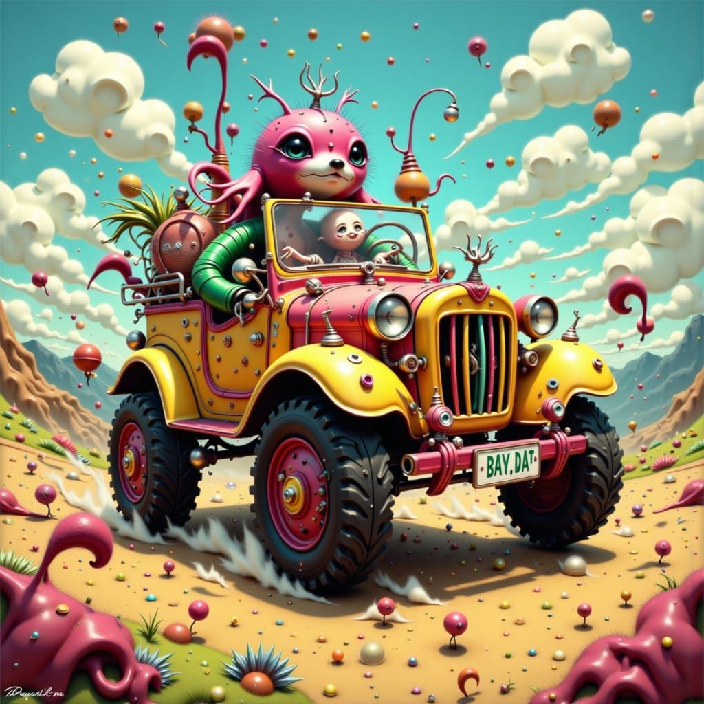 Cartoon Car Speeds Through Whimsical Landscape