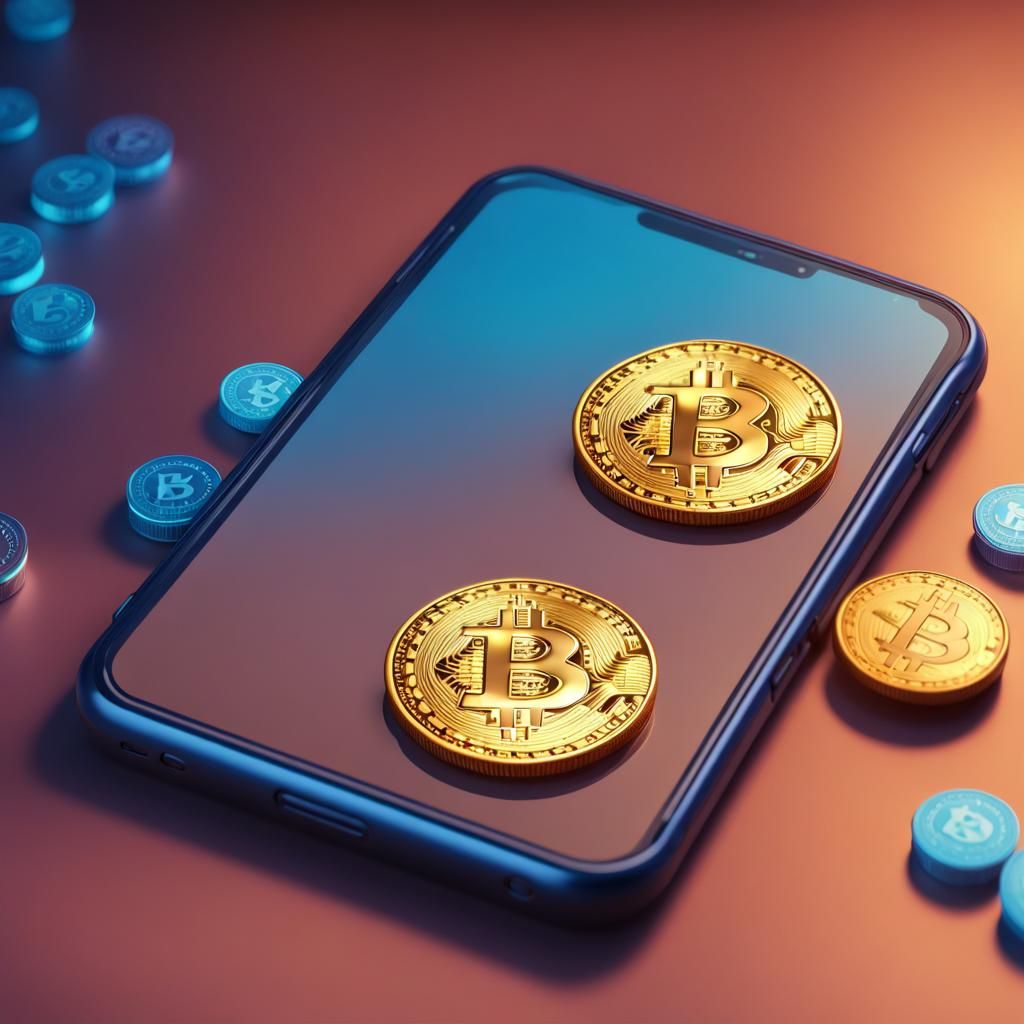 Bitcoin and Smartphone on Blue Table in 3D