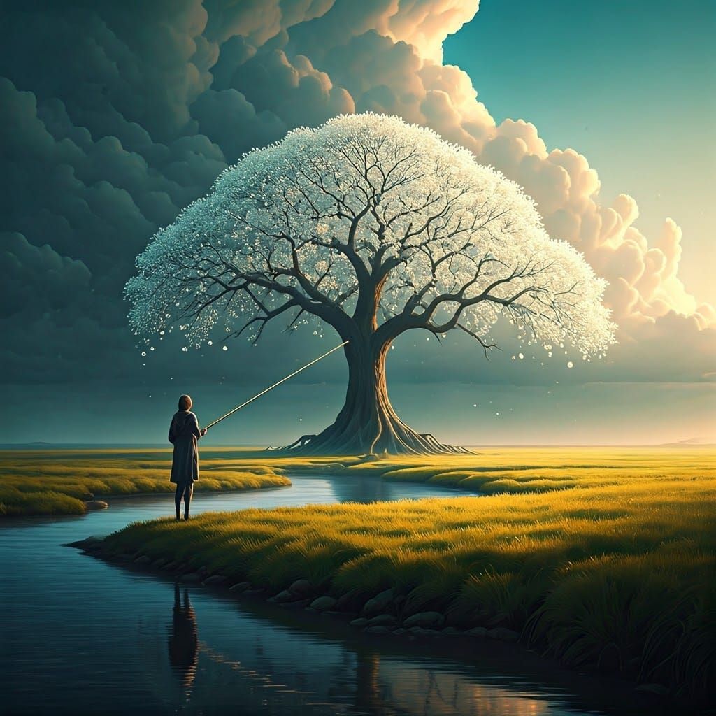 Lone Figure Gazing at Tree with White Fruit