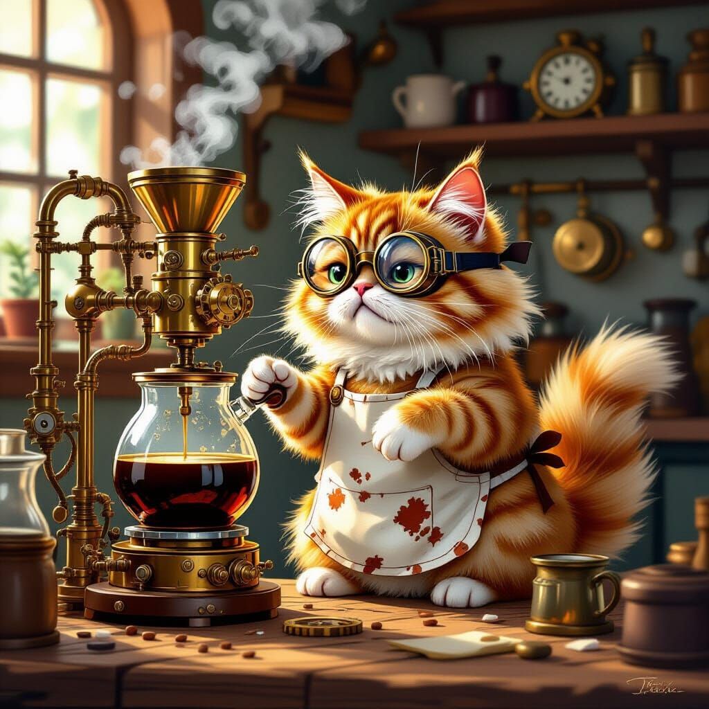 Steampunk Cat's Coffee Chaos Illustration