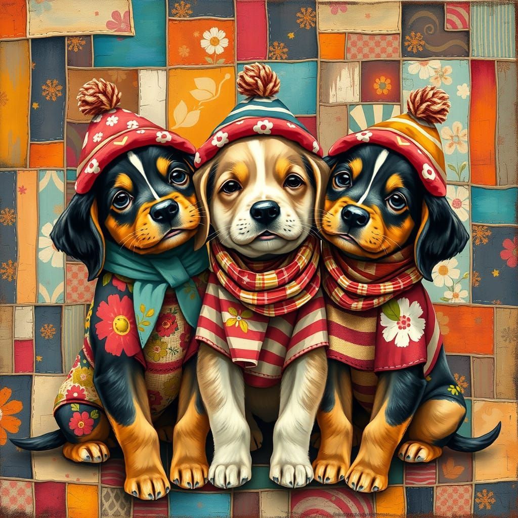 Vibrant Puppies in Folk-Art Whimsy Gather Together