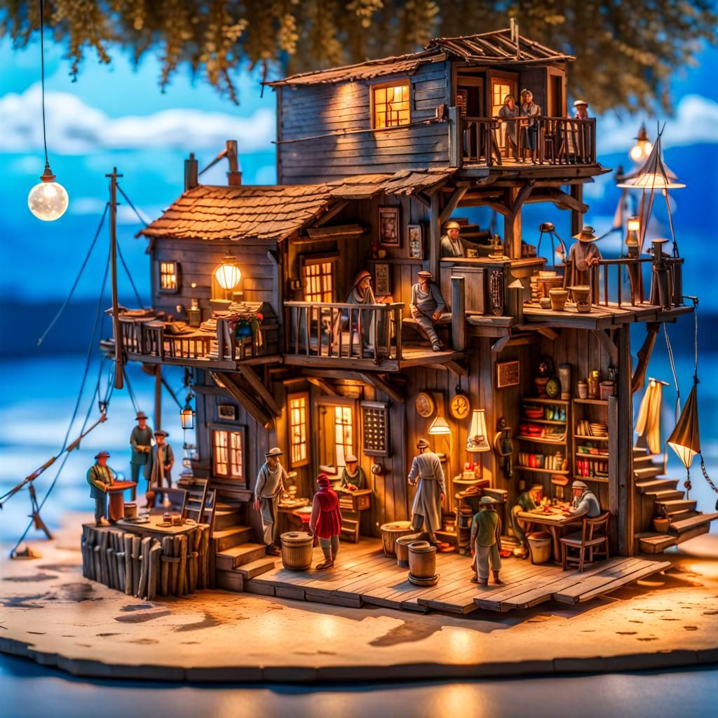 Enchanted Fishing Village Diorama in Globe Bar