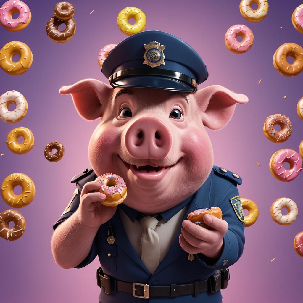 Policeman Pig Enjoying Donut: 3D Digital Art