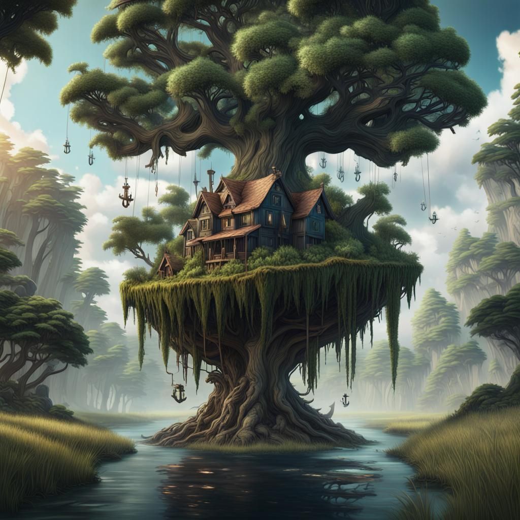 floating island vertical house anchor forest tree grass human animal