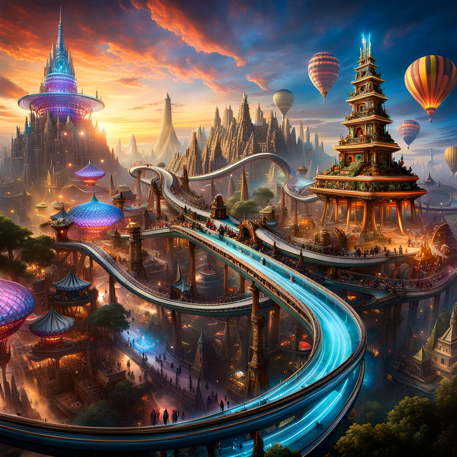 Surreal Rollercoaster Theme Park of the Future