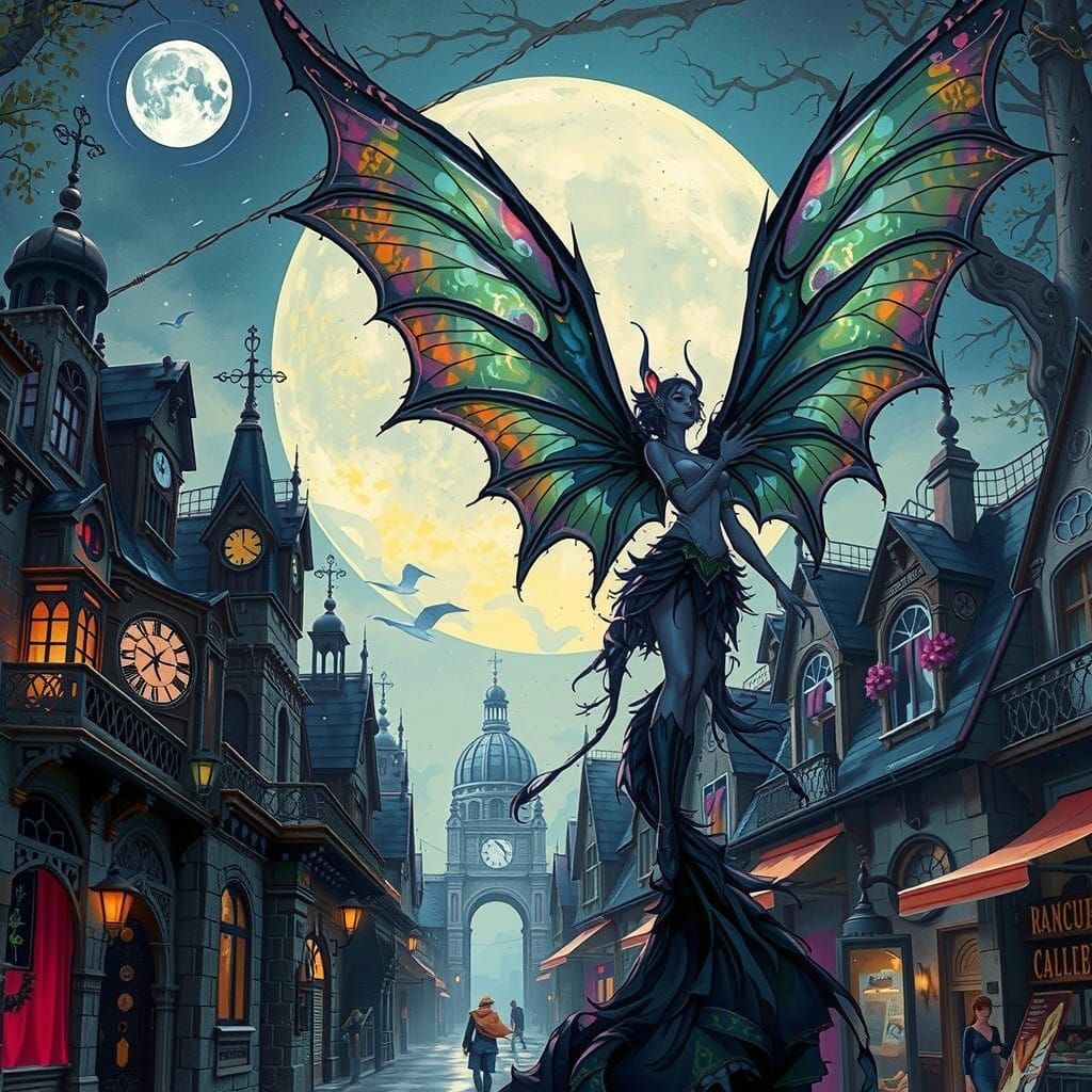 Steampunk Fairy Reigns over Art Nouveau Cityscape at Moonlig...