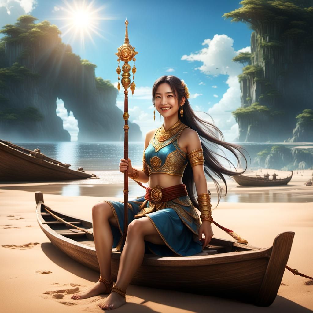 Smiling Asian Woman on Sunny Beach as Fantasy Art