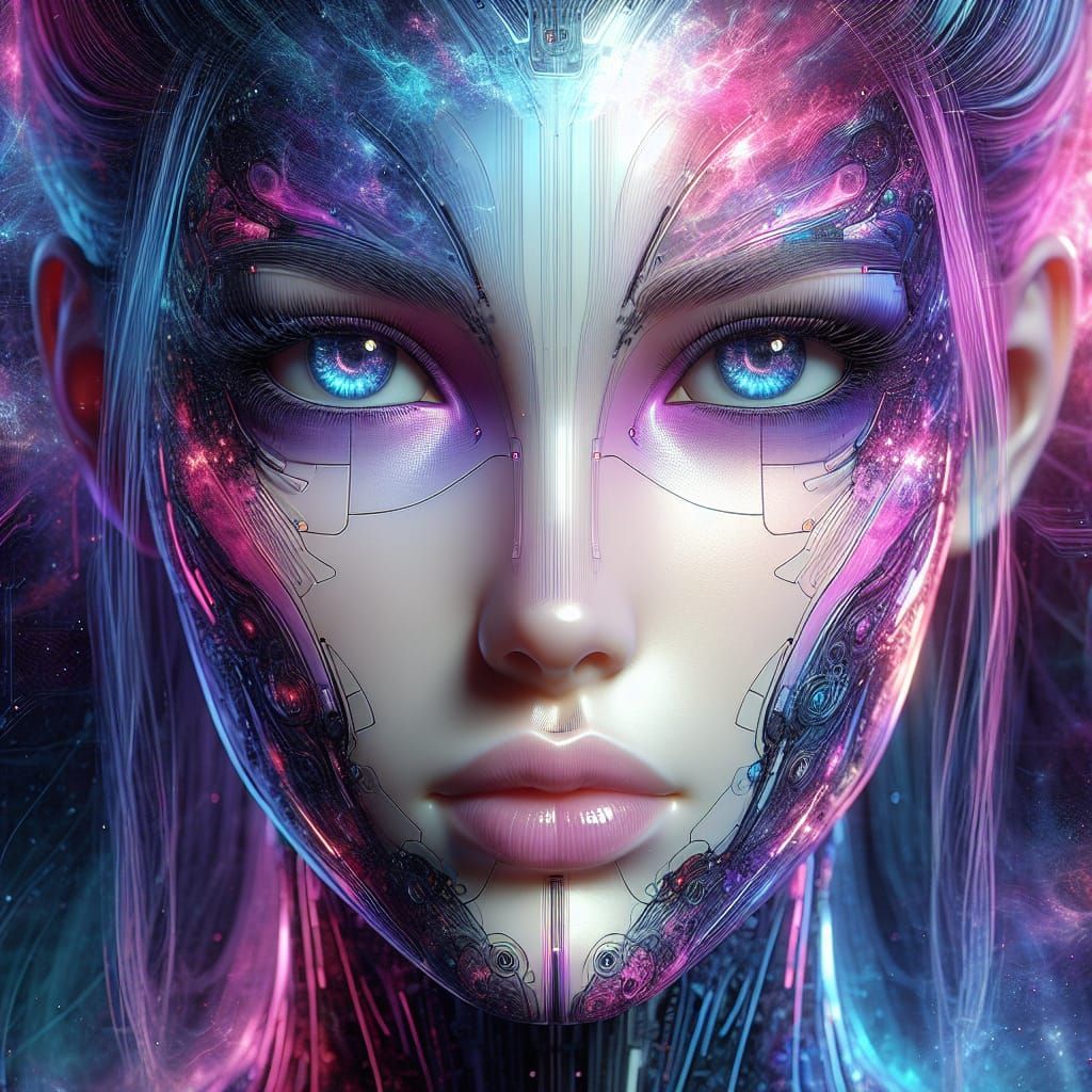 Anime-Style Cybernetic Face with Vibrant Colors