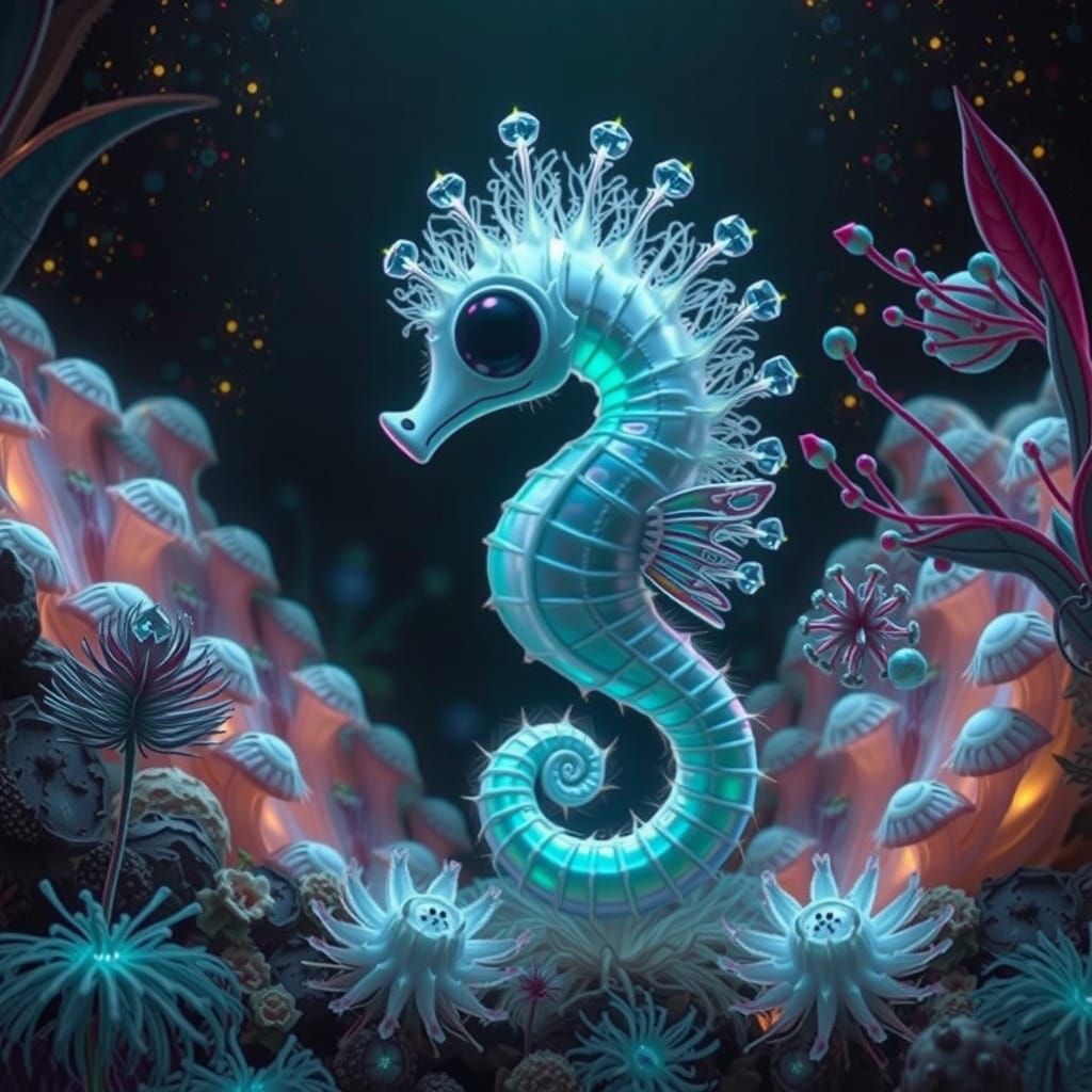 Iridescent Seahorse with Wings in Crystal Cave
