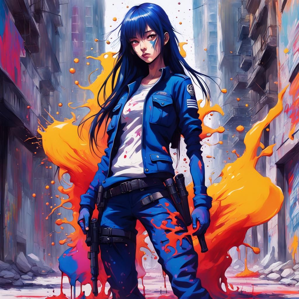 Anime Battlefield with Indigo Latex Soldiers in Graffiti Sty...