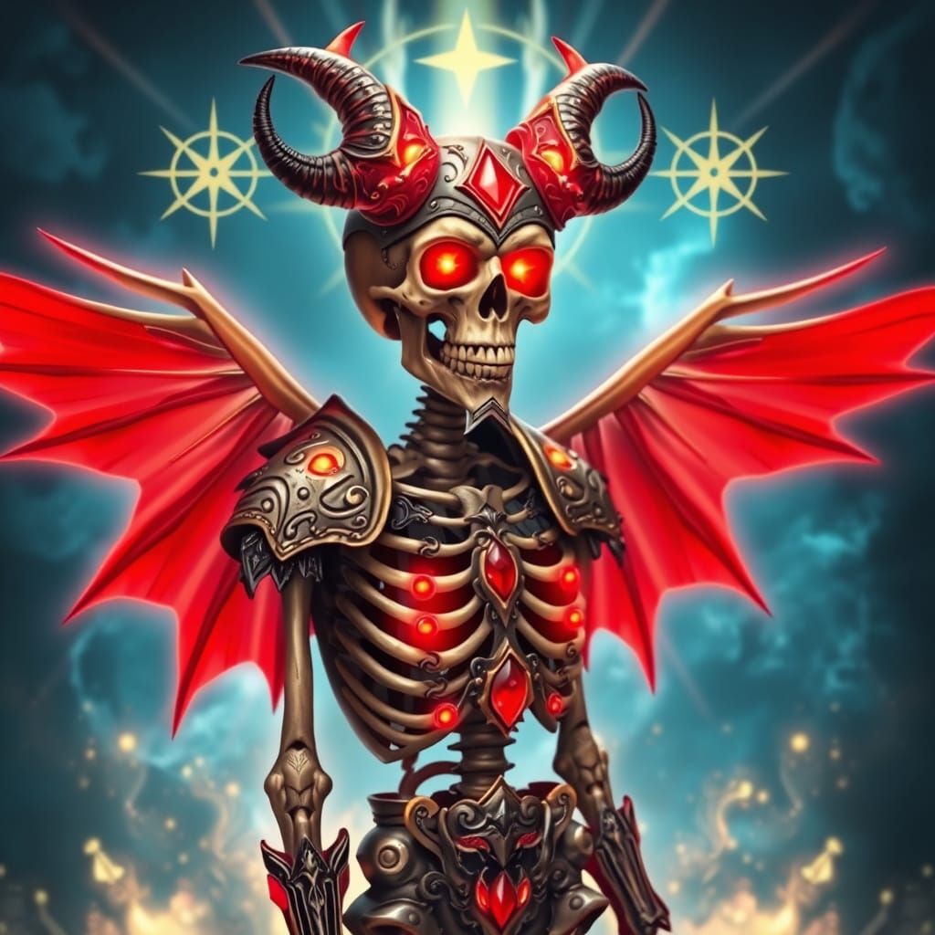Glowing Skeleton in Cosmic Armor with Red Wings