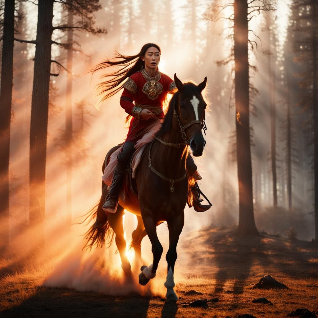Mongolian Shaman Girl Leaping on Horseback at Dawn